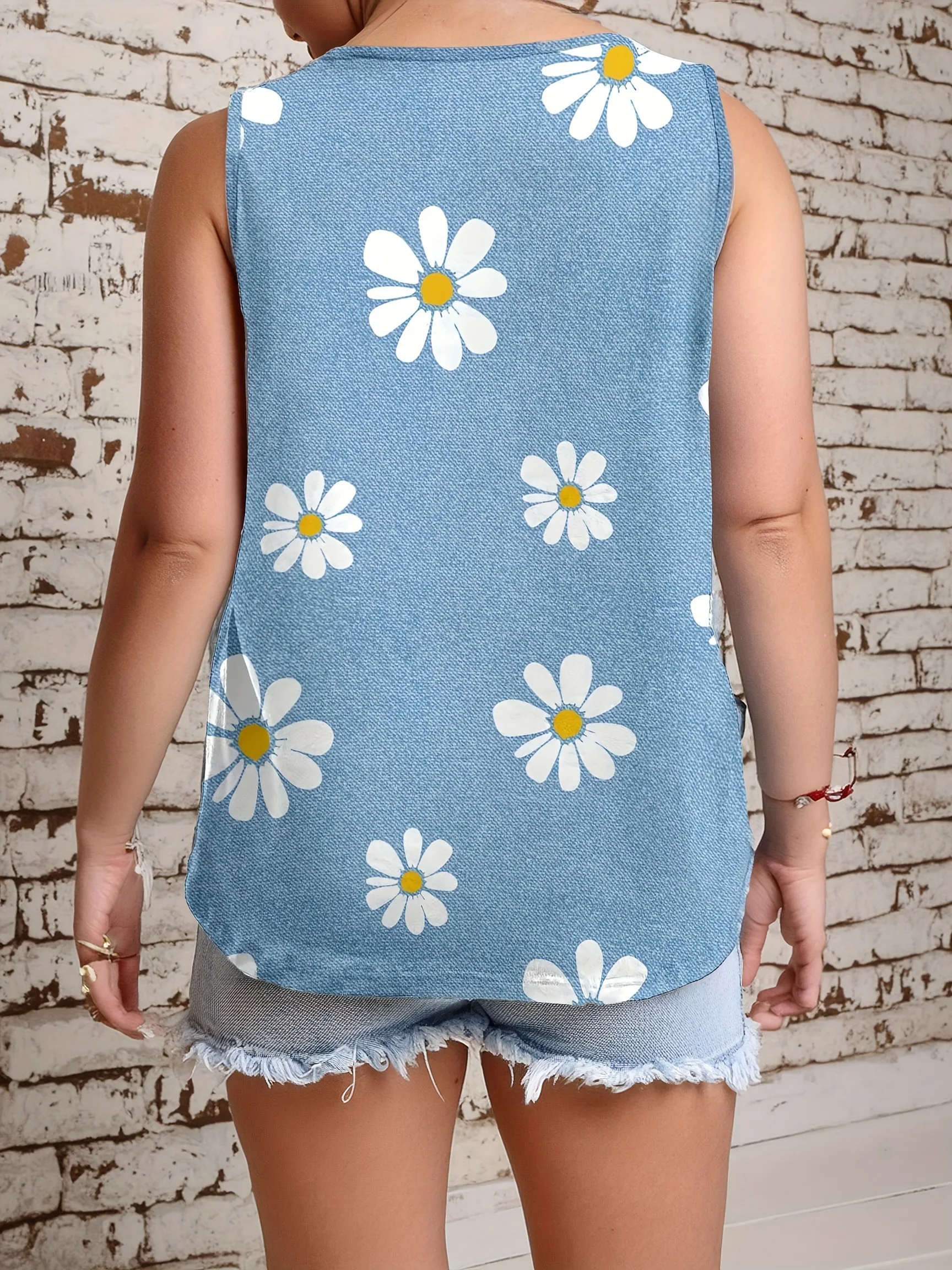 เสื้อแขนกุดลำลองสำหรับผู้หญิงขนาดใหญ่พิเศษพิมพ์ลายดอกเดซี่ฤดูร้อนแฟชั่นนุ่มน้ำหนักเบา