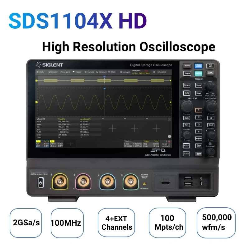 

SDS1104X-HD 4-канальный осциллограф, цифровой профессиональный генератор сигналов 100 МГц 10,1 дюйма, 2 Гвыб/с, 12-битный инструмент высокого разрешения