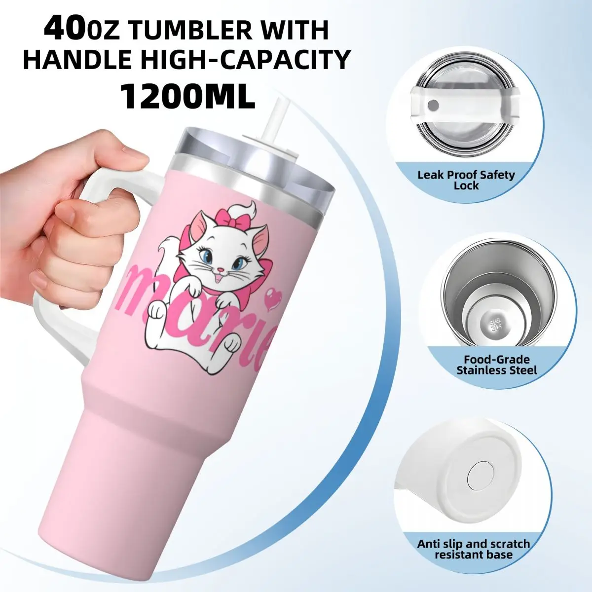 Cartoon Pink Marie Cat Stainless Steel Tumbler Kawaii Thermal Cups With Straws and Lid 40oz Car Mugs Cold and Hot Water Bottle