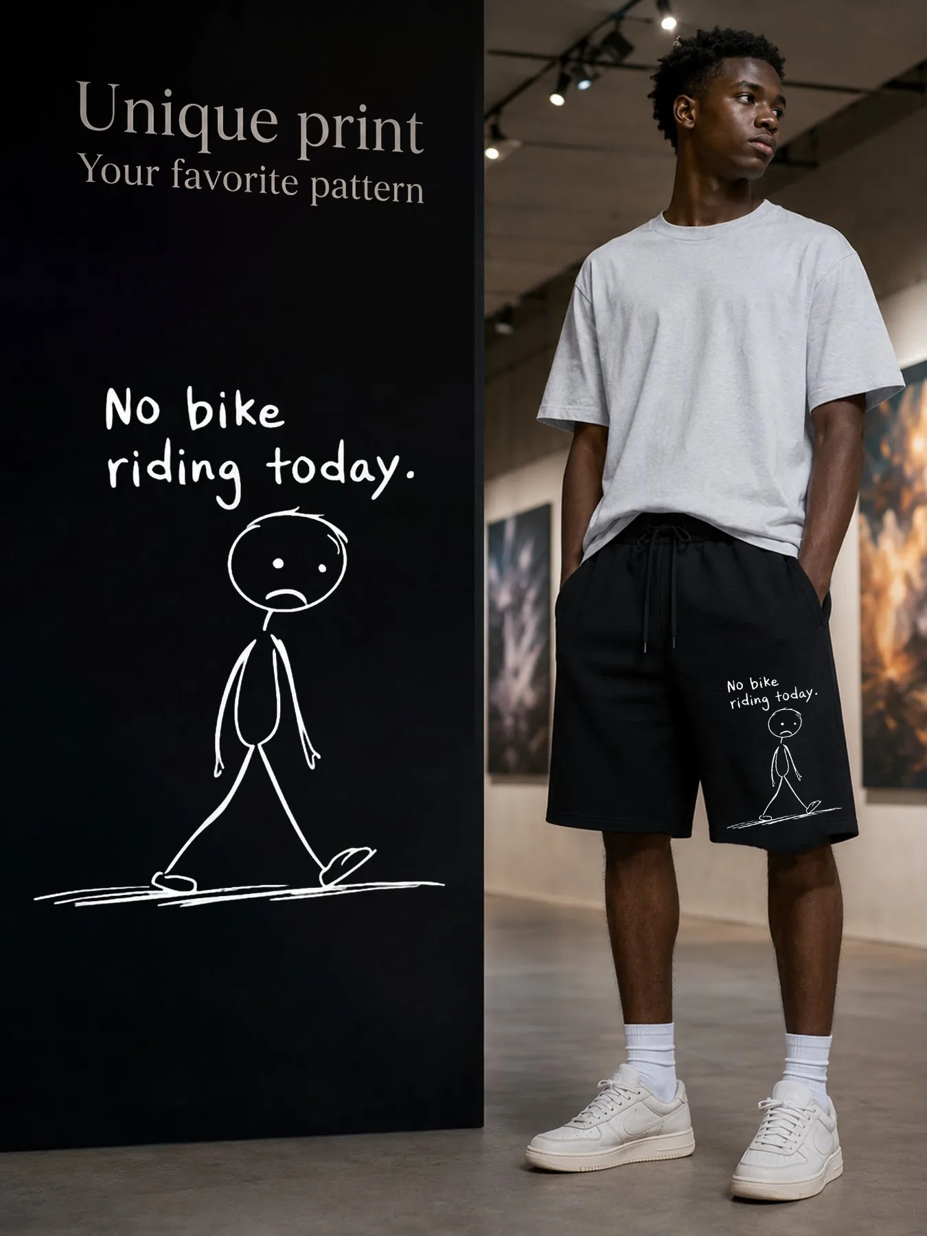 Men's Shorts with Sad Matchstick Figure Walking Pattern 