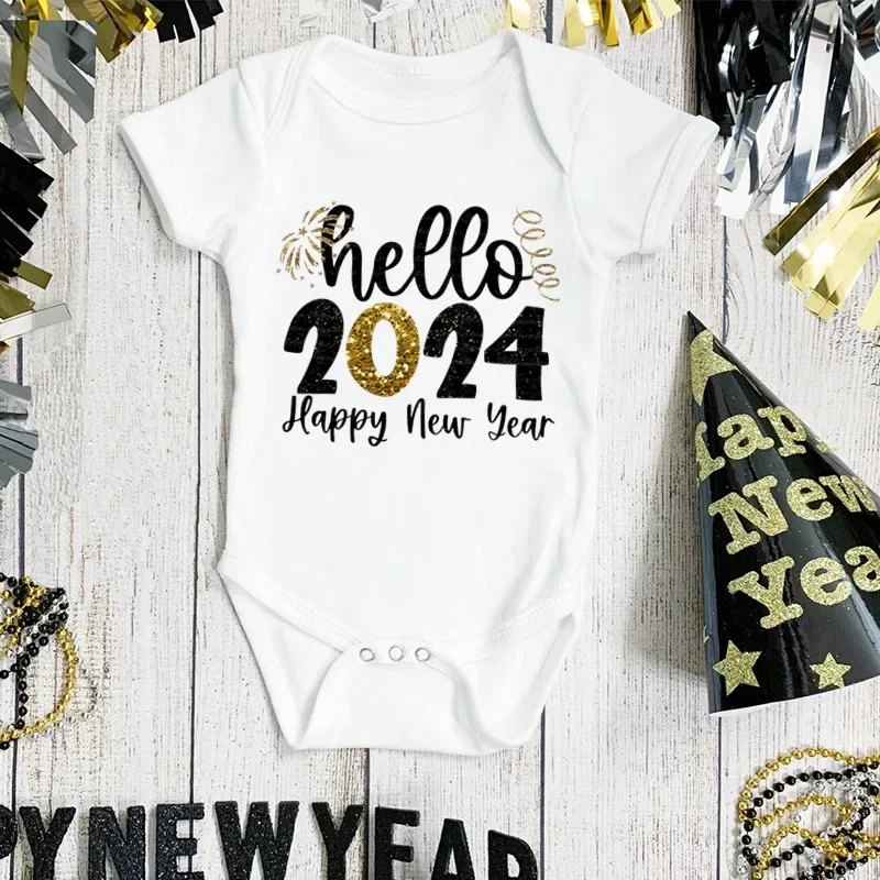 Hello 2024 Baby Bodysuit Infant New Year Romper Boys Girls Clothes New Year Party Baby Gift Outfit Toddler Short Sleeve Playsuit