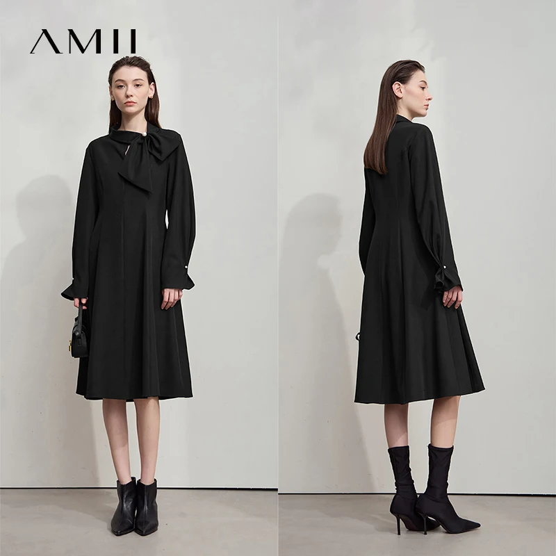 AMII Minimalist Women Evening Luxury Dress 2026  Autumn Collared Ribbon Mid Length A-Line Dress Office Lady Black Dress 12523082