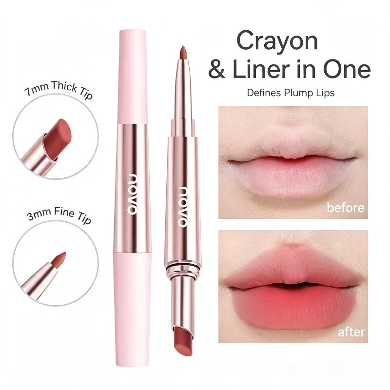 NOVO 1PC Cloud and Mist Follow Shape Double Lipstick Lipliner ,Matte Mist Surface, Smooth Texture,  Create Full 3D Lip Makeup
