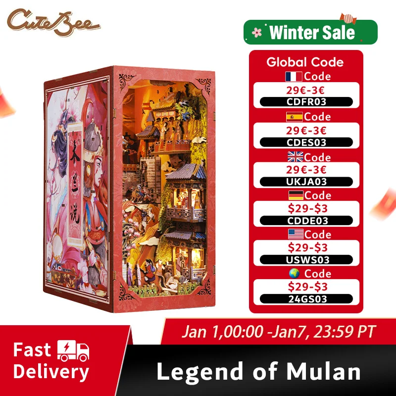 CUTEBEE fai da te Book Nook Kit casa delle bambole in legno in stile cinese con luci copertura antipolvere inserto per libreria Decor per regalo Legend of Mulan