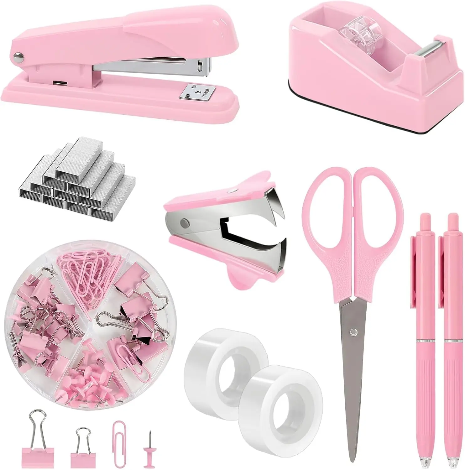 

Pink Office Desk Accessories Set, Stapler Tape Dispenser Scissors Clips 1000pcs Staples for Women