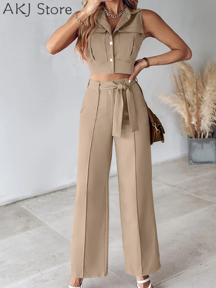 Women Casual Solid Color Sleeveless Button Front Vest Top and High Waist Wide Leg Pants 2pcs Set