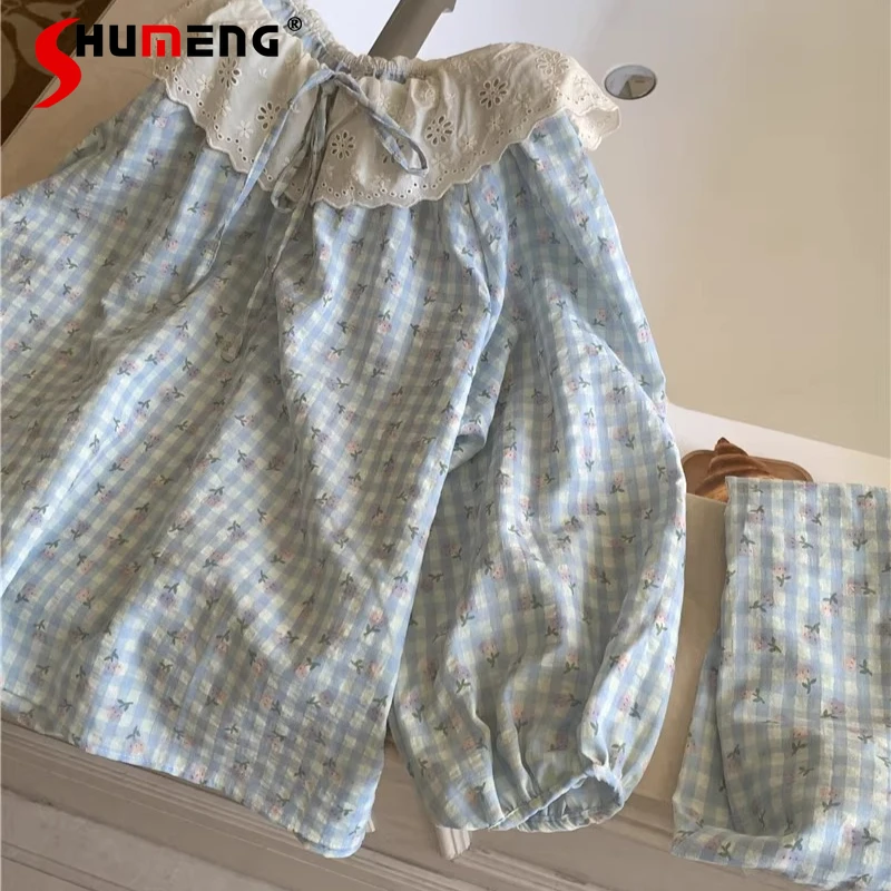 

Pure Cotton Linen Homewear Set for Women Spring Autumn Japanese Sweet Pajamas Female Plaid Floral Lace Doll Collar Sleep Wear