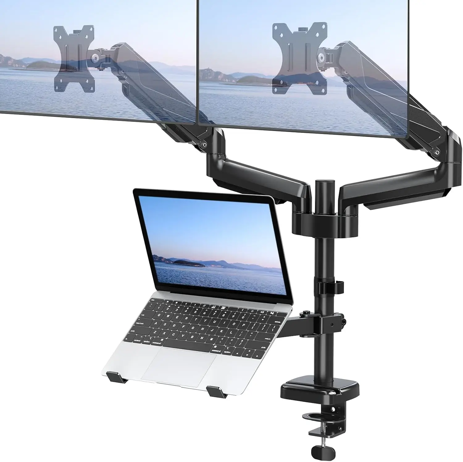

Dual Monitor Mount for 2 13-27" Screens, Laptop Tray 10-17", VESA 75/100mm, Gas Spring Arms, Adjustable Desk Stand
