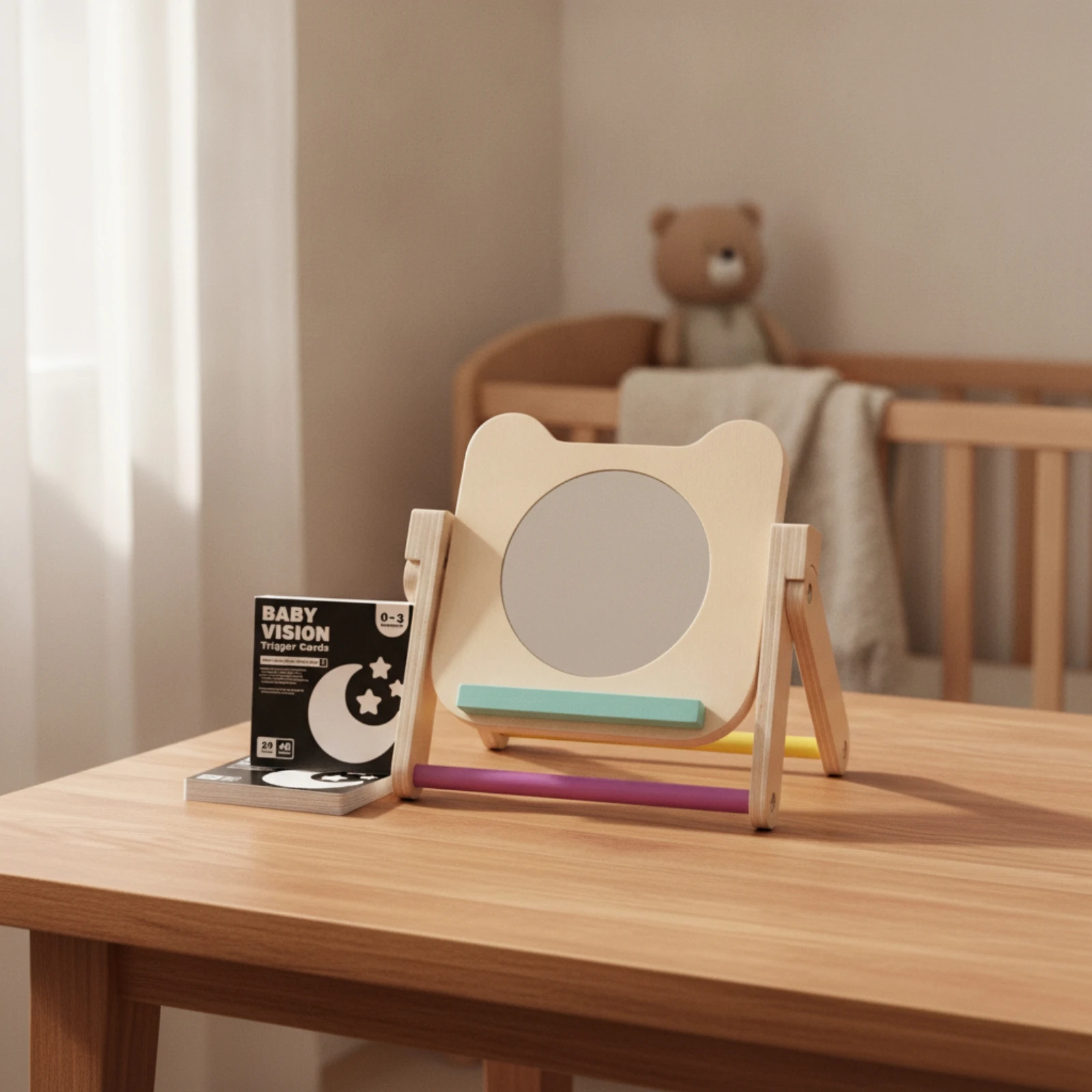 Wooden Mirror with Cards Educational Bear Mirror Toy Natural Wood Child-Safe for Babies, Tummy Time, Nursery view 5