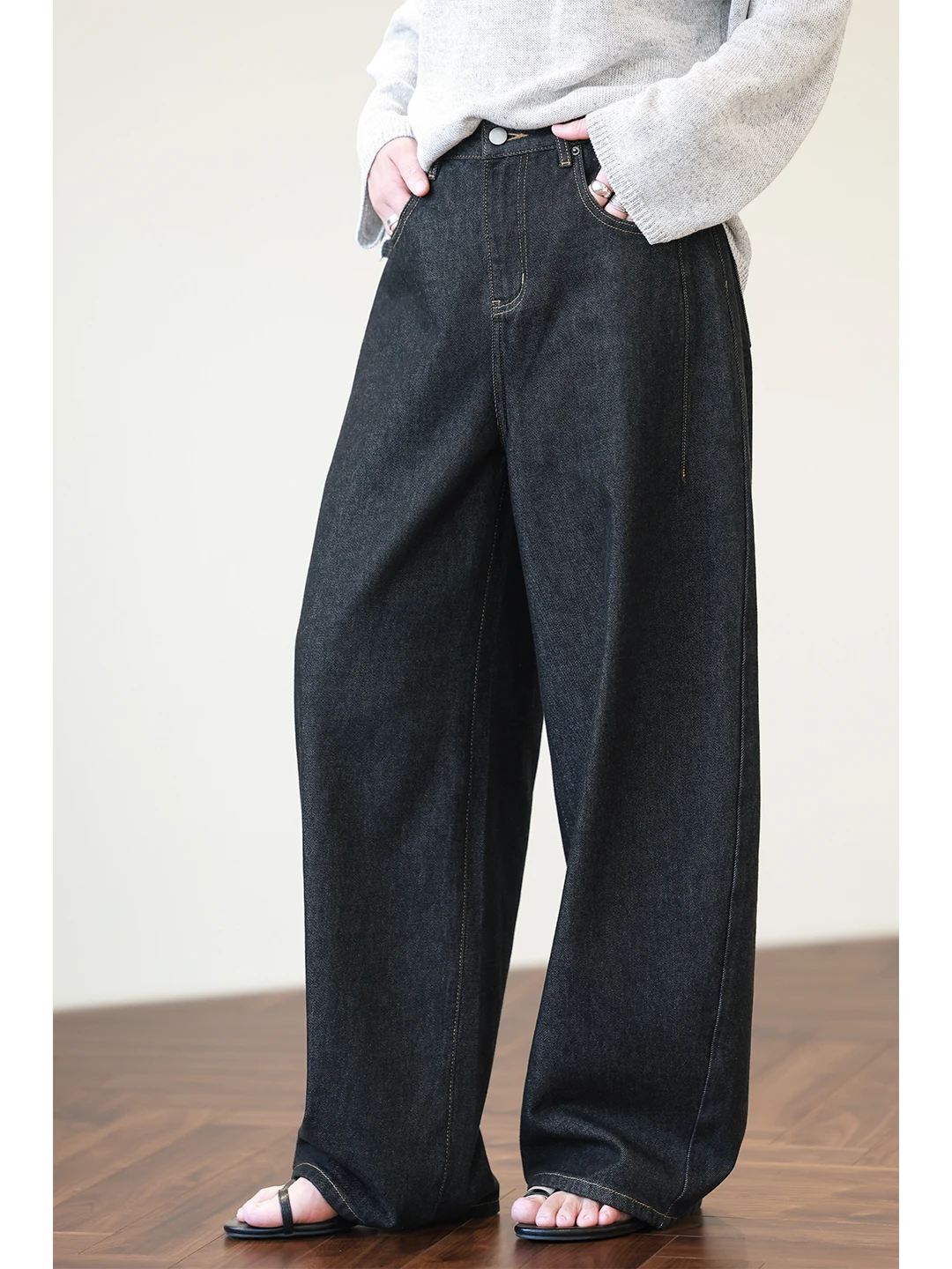 

Широкие джинсы с высокой талией, женские темно-синие хлопковые джинсовые брюки для похудения, повседневные дышащие удобные брюки со штанинами