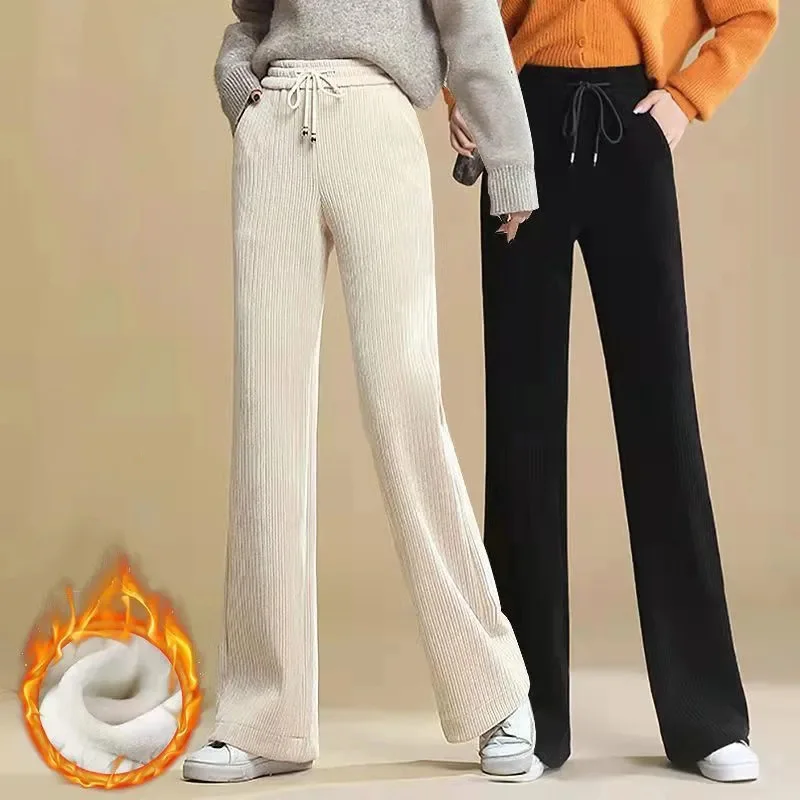 Calça de perna larga cintura alta feminina, calça reta larga larga larga, moda coreana casual, calça quente grossa, mais veludo, outono, inverno