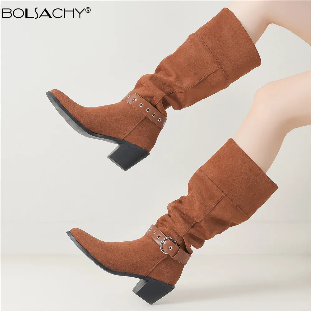 Fashion Knee-high Fashion Ankle strap Buckle Boots New Solid Color Comfortable Round Head Square Heels Increase Winter High Boot