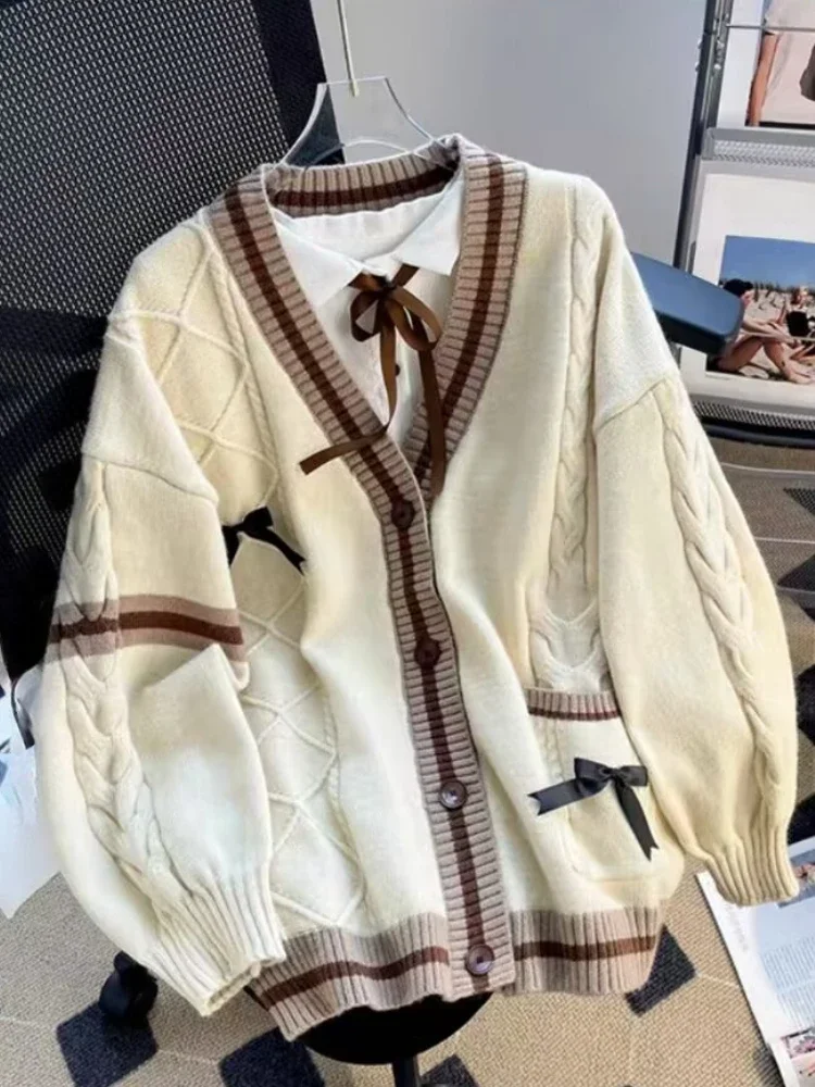 Y2k Aesthetic Sweet Bow Knitted Cardigans All Match Contrast Color Coats Fashion Single Breasted Women Kawaii Pocket Sweaters