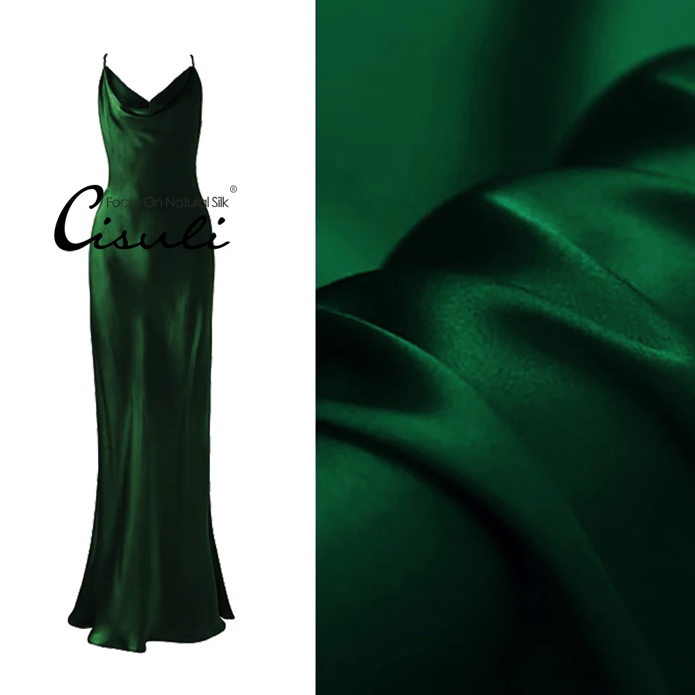 CISULI-Pure Silk Satin,100% Mulberry Silk Charmeuse,19 momme,Width 140cm,Luxury Glossy,Soie Material,#52 Dark Green