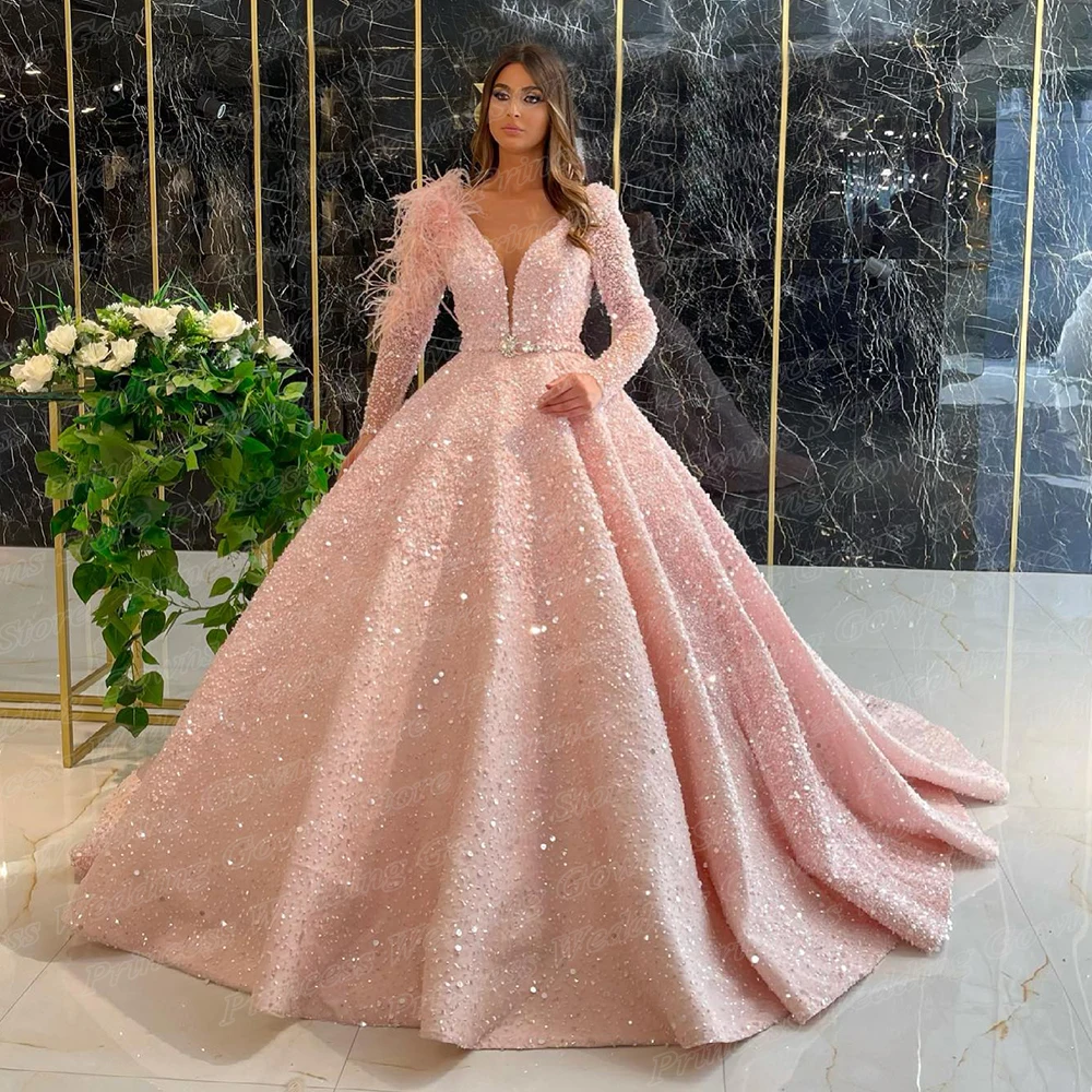 Long Sleeve Sequin Evening Ball Gown For Woman Luxury Glitter Bead V Neck Feather Sweep Train Formal Party Dress Robe De Mariage