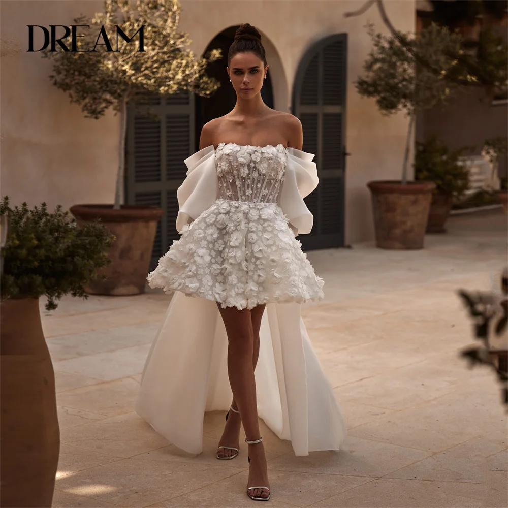 

DREAM 3D Flowers A-Line Wedding Dresses Off The Shoulder Open Back Bow Strapless Pleat Bridal Gown Vestidos De Novia Customized