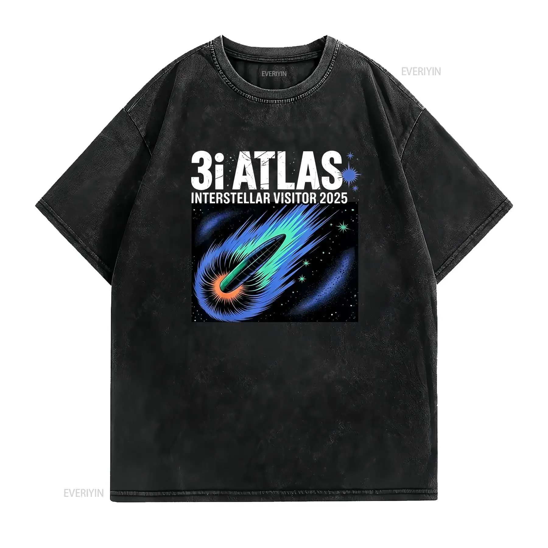 Interstellar Comet Space Astronomy 3I Atlas T Shirt Casual Crew Neck Slight Stretch Fabric Regular Fit Print Pattern vintage