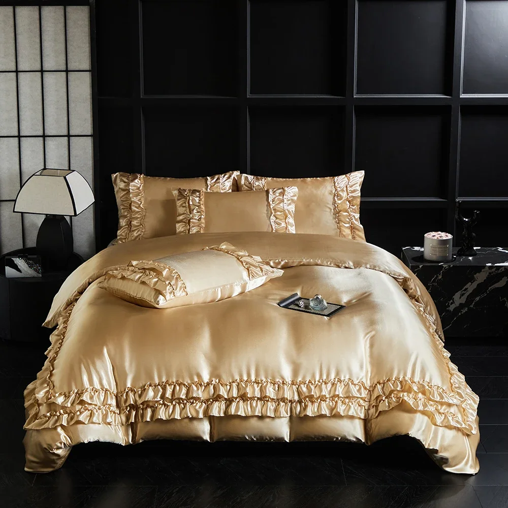 Luxury Satin Double-layered Ruffles Bedding Set Queen Soft Smooth Duvet Cover and Pillowcase Silky Single Double Comforter Cover