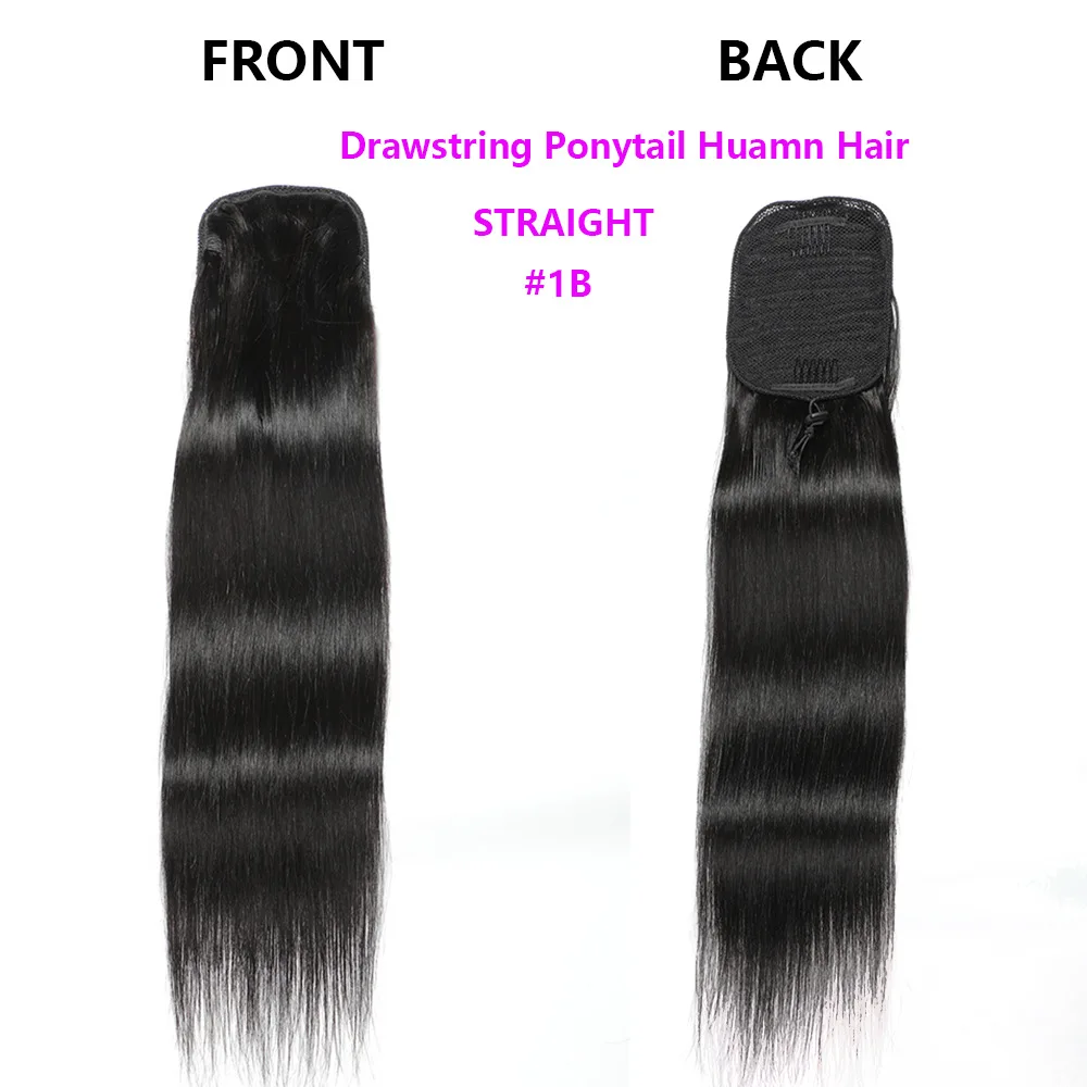 100g Drawstring Human Hair Ponytails Natural Straight Ponytail For Women Dark Brown 1B/99J Increase Hair Volume