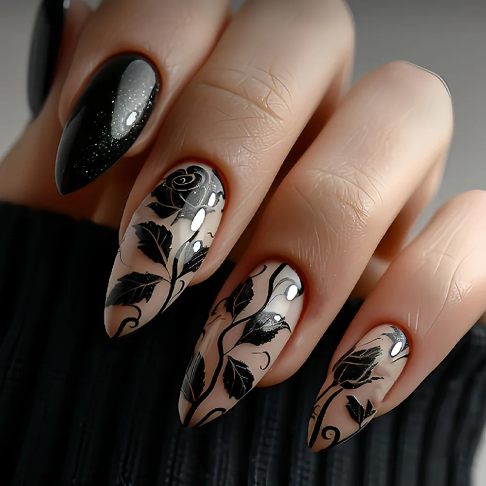 เล็บปลอมสีไวน์แดง 24 ชิ้น ลายใบไม้ประกายวิ้ง แบบกดติด ปลายเล็บทรงอัลมอนด์ เรียบง่าย สวมใส่ได้ ปิดเต็มเล็บ