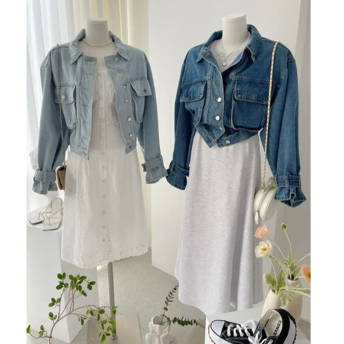 

Casual Single-Button Cuffed Sleeve Jeans Jacket Loose Fit Cotton Denim Women's Outerwear Long Sleeve Elastic Hem Straight Cut