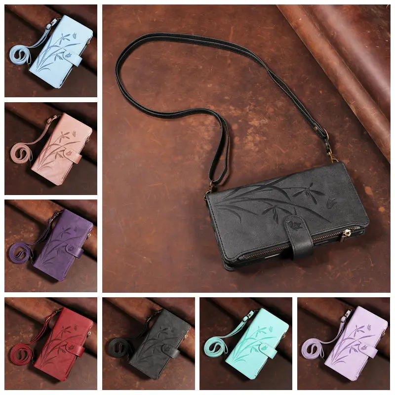 Zipper Wallet Case for Samsung Galaxy S26 S25 Edge S24 Plus S26 Ultra S25 FE Crossbody 9 Card Leather Flip Cover Lanyard Purse