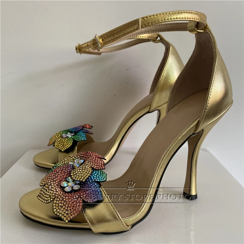 Beaded Crystal Shell-Flower Modern Sandals Women 10cm Stiletto Heel Genuine Leather One-Strap Summer Shoes For Girls