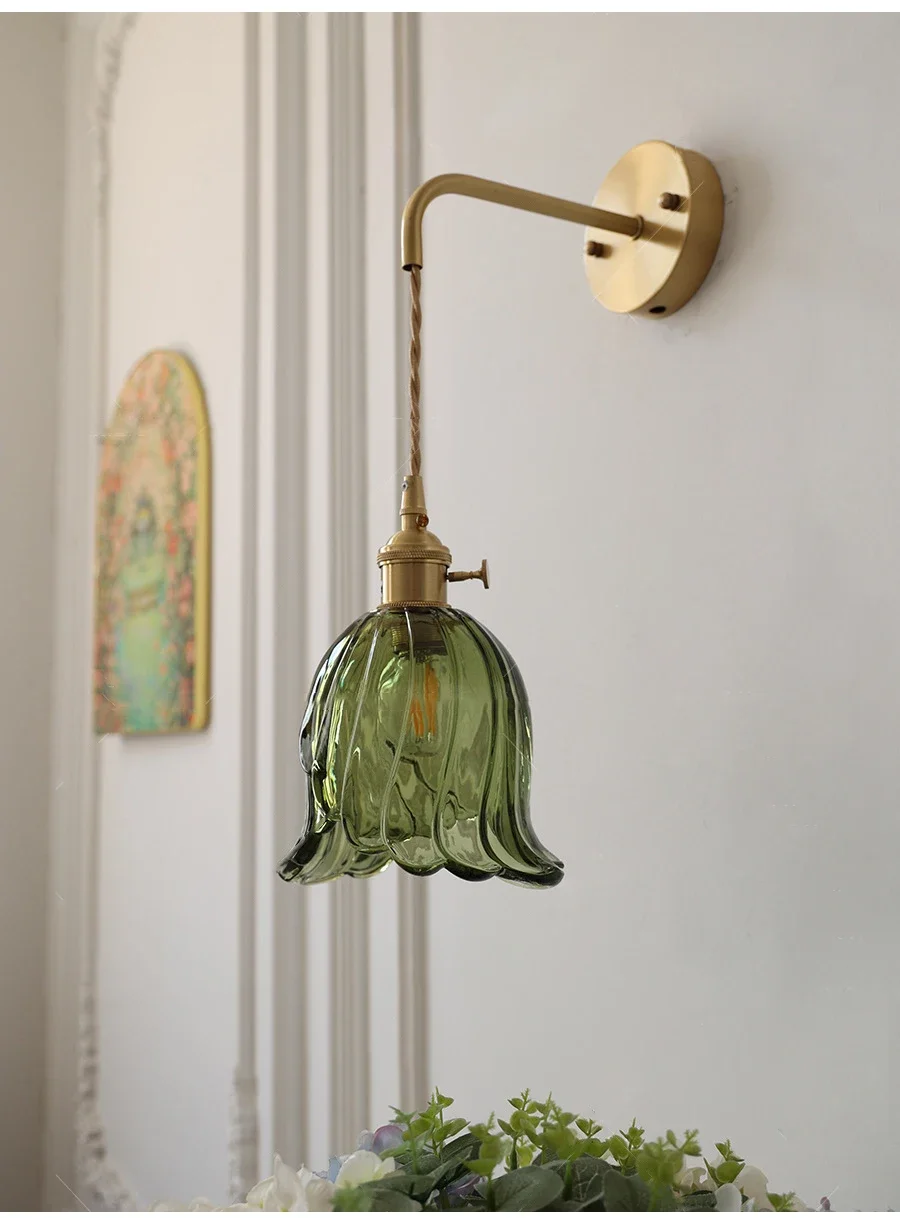 Modern Elegant Handcrafted Glass Lampshade Wall Light Vintage Brass Lamp Head with Adjustable Hanging Wall Sconce Lamp for Home