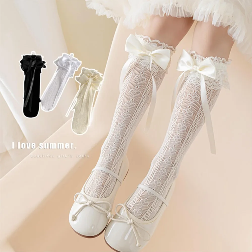 Girls socks spring and summer thin Lolita lace Korean bow ribbon lace long tube girls calf pile socks.