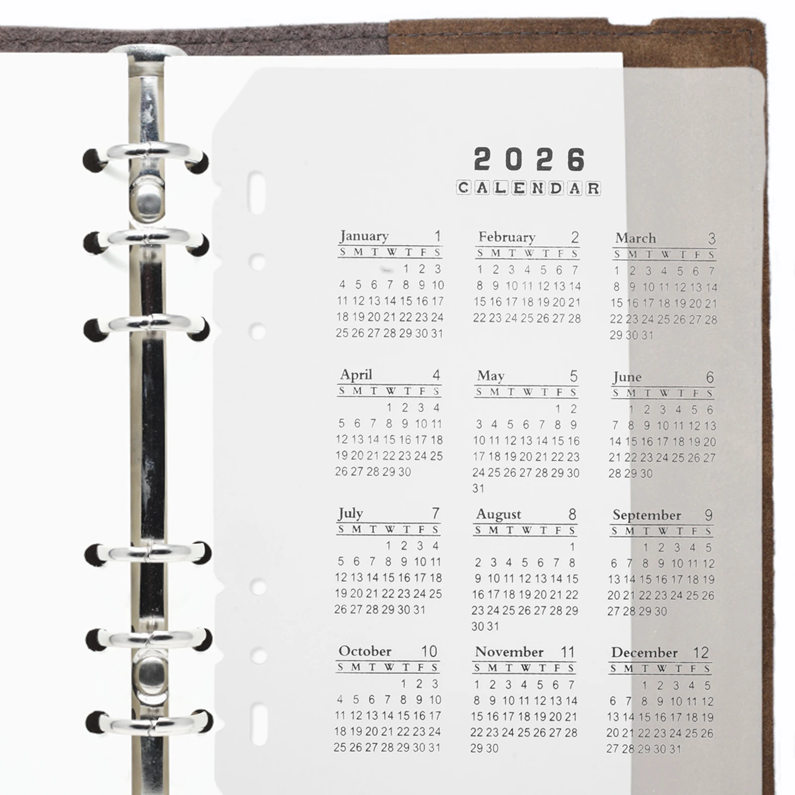 

4Pcs Frosted Plastic Calendar Dividers 6-Hole A5 2026 Refillable Planner Inserts for Notebook Office Date Organization