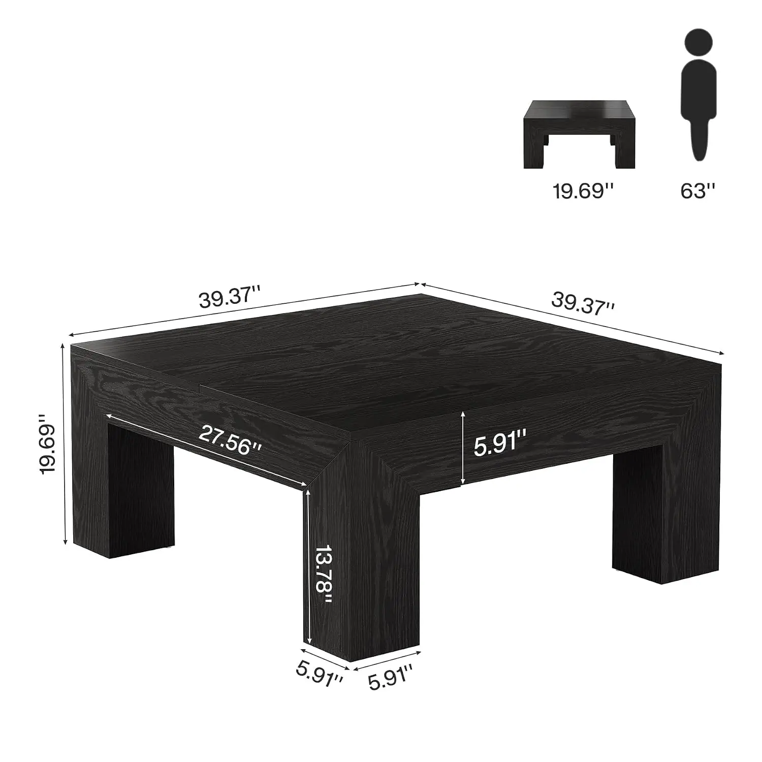 Square Coffee Table Farmhouse Accent Center Table with Wooden Legs Easy Assembly MDF Black, Customized