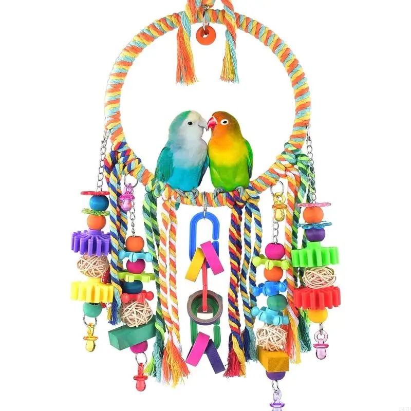 

24TD Bird Cage Toy Bright Color Rope Ring Perch Parrot Hanging Beads Blocks Plastic Chew for Cockatiel Parakeet