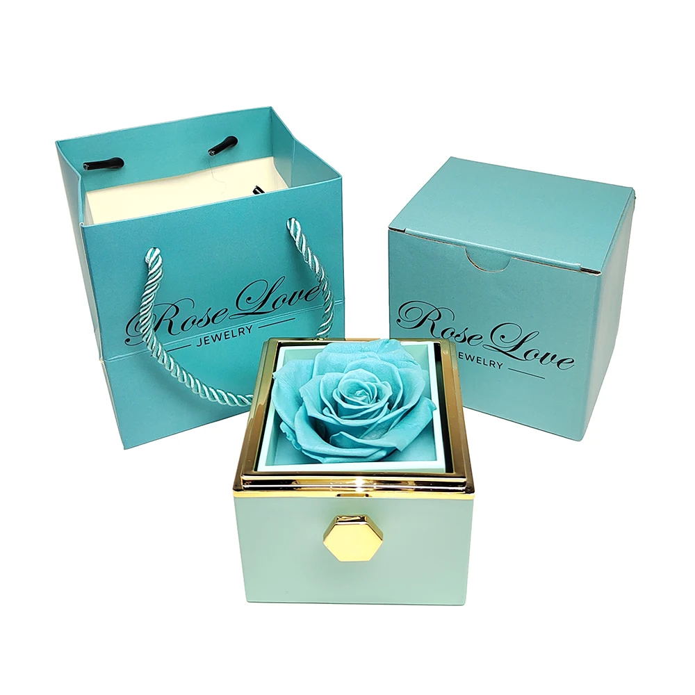 360 Degree Rotatable Preserved Real Rose Ring Box Necklace Jewelry Valentine Forever Roses Storage Case for Women Girlfriend