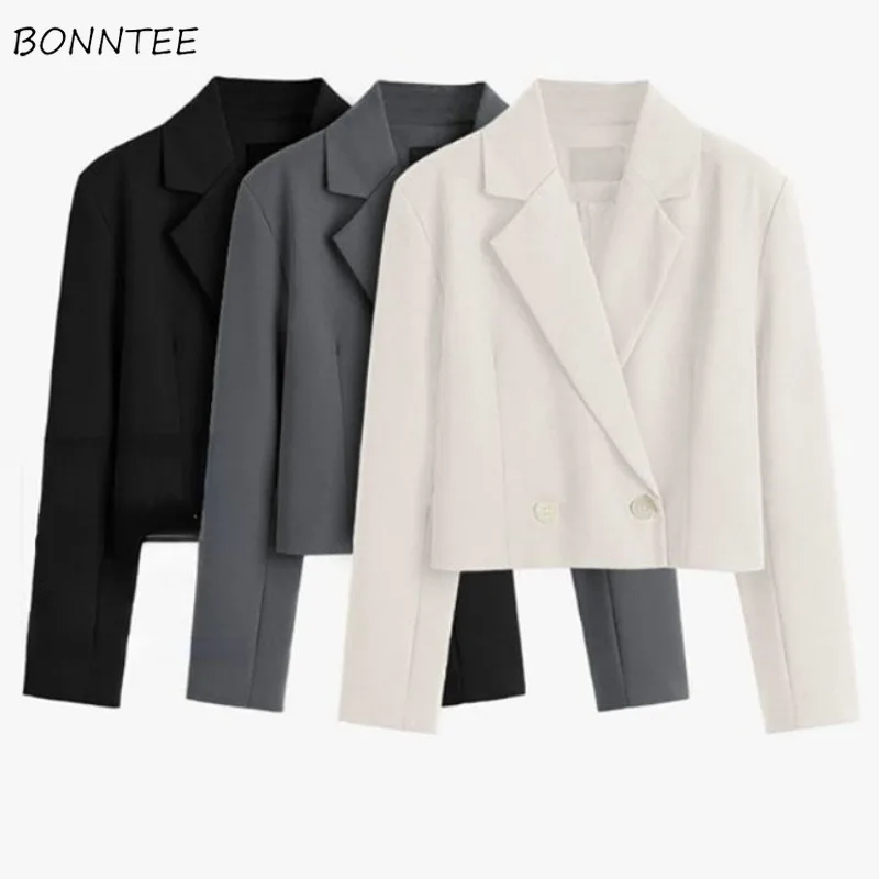 Chic Blazers for Women Korean Style Notched Design College Elegant Clothing Spring Autumn Outwear Solid Ulzzang Simple Leisure