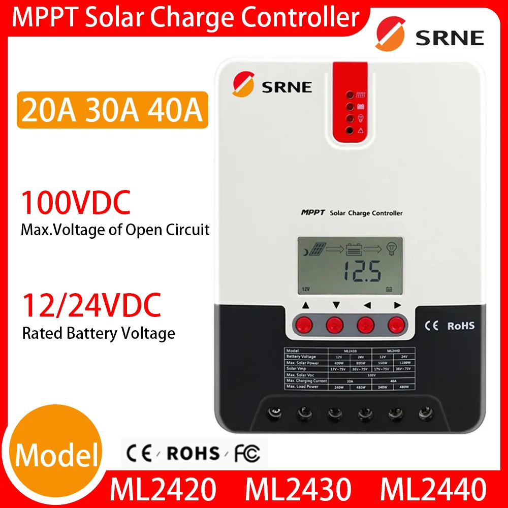 

SRNE 20/30/40A MPPT контроллер заряда солнечных батарей серии ML ML2420/2430/2440 с автоматическим определением напряжения аккумулятора 12В/24В и входом PV 100В