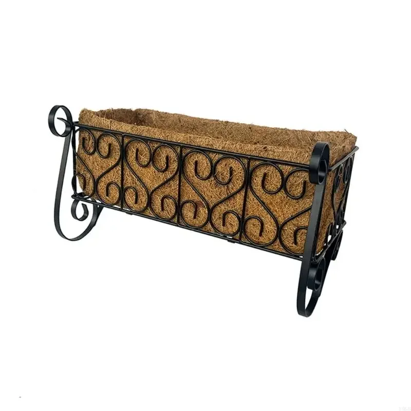 Balcony Flower Basket with Natural Fiber Liner, Rectangular Metal Hanging Box for Window Display, Home Herbs, Flowers and Y5GB