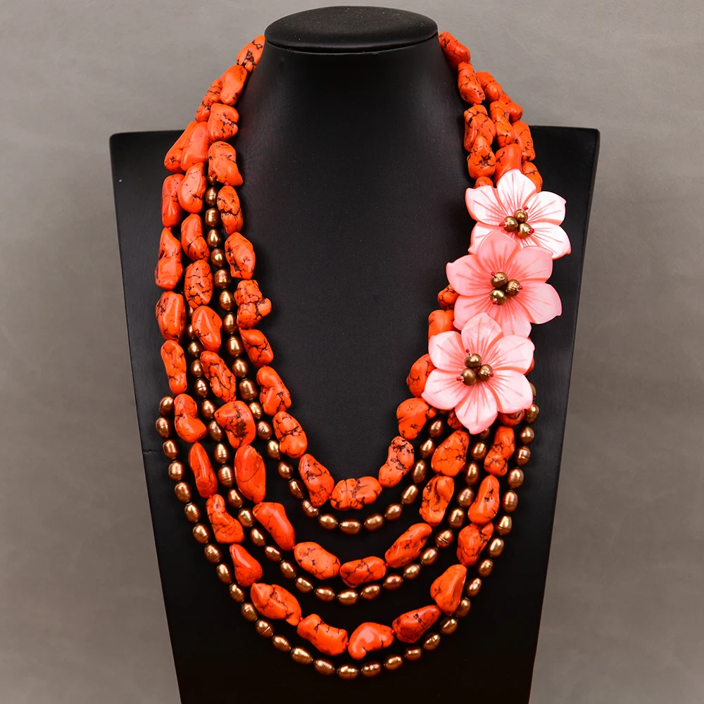 G-G Heavy Jewelry 6 Rows Coffee Color Rice Pearl Freedom Orange Turquoise Nugget Beads Necklace Pink Shell Flower Pendant