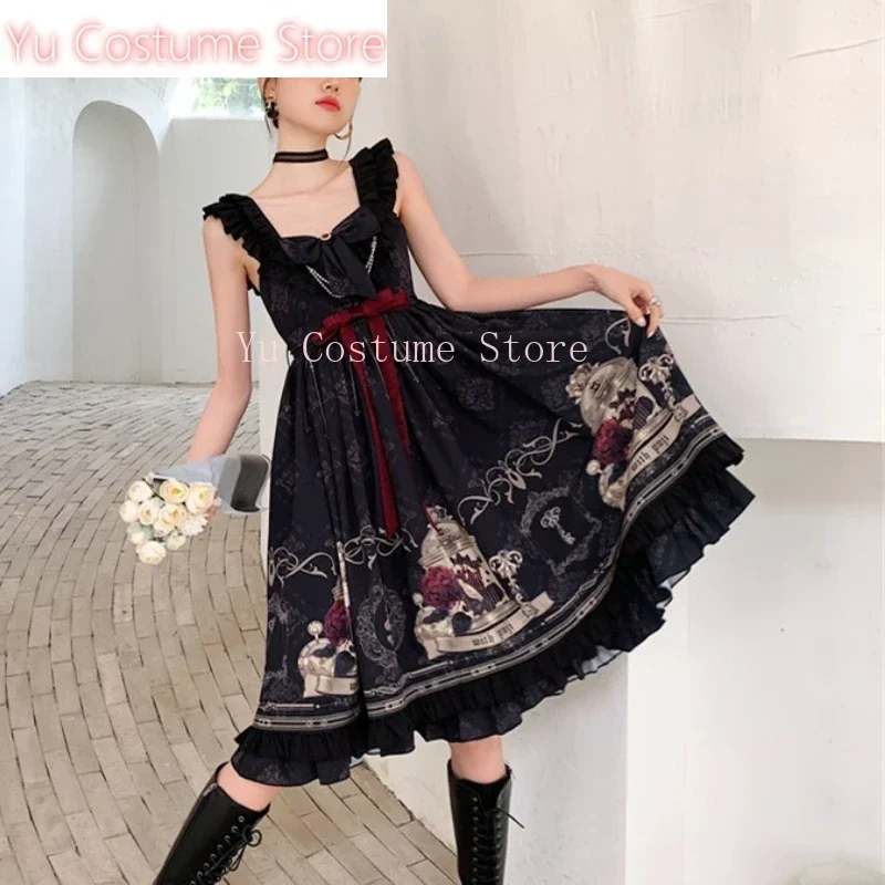 

JapaneseGothic Lolita Style Jsk Dress Girls Victorian Retro Nightingale Rose Sling Dresses Women Mesh Kawaii Vestidos Yu Costume