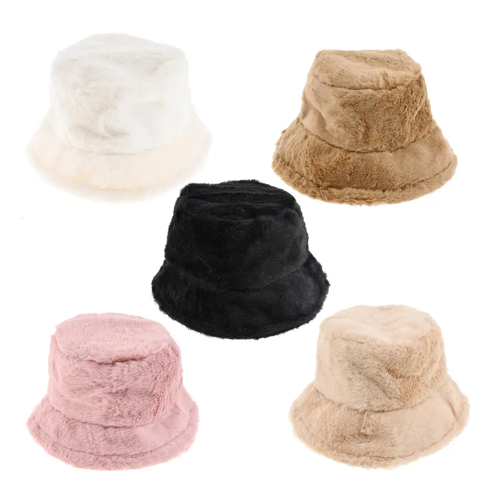 1Pc Autumn Winter Warmer Thick Harajuku Bucket Hat Cool Panama Lady Lamb Wool Outdoor Solid Color Fisherman Sunscreen Cap Unisex