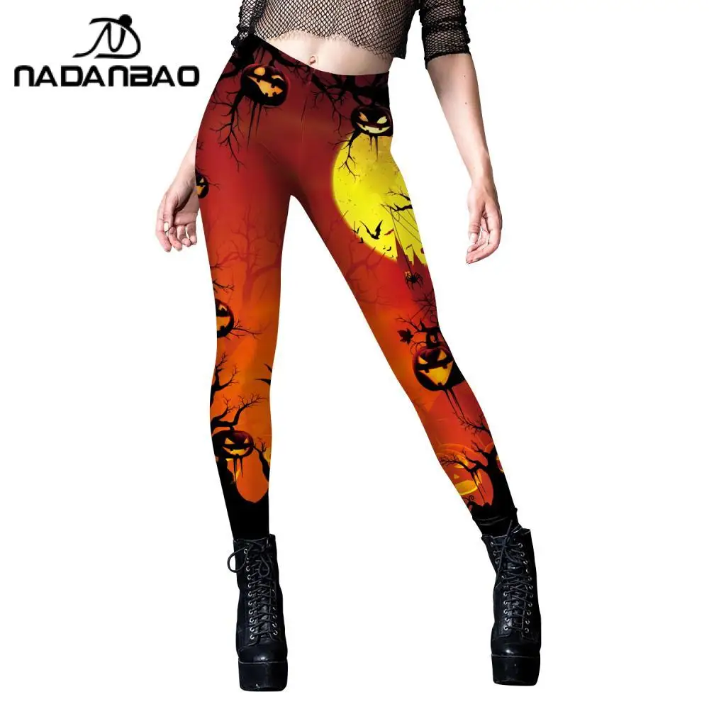 Nadanbao Funny Halloween Night Pumpkin Print Leggings Women's Mid Waist Soft Trousers Festival Party Casual Pants Sports Bottoms
