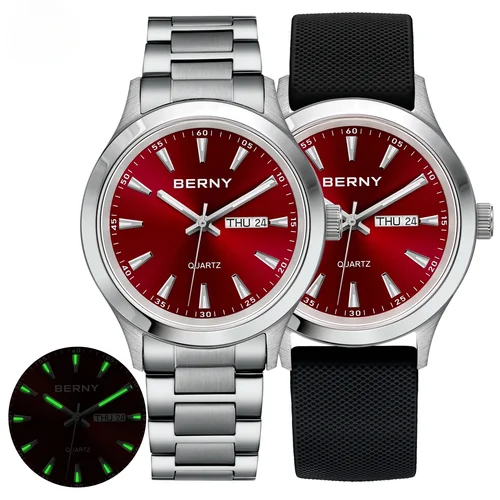 Reloj BERNY para hombre, calendario luminoso con fecha y semana, relojes de cuarzo para hombre, reloj de pulsera de negocios de silicona suave de acero inoxidable