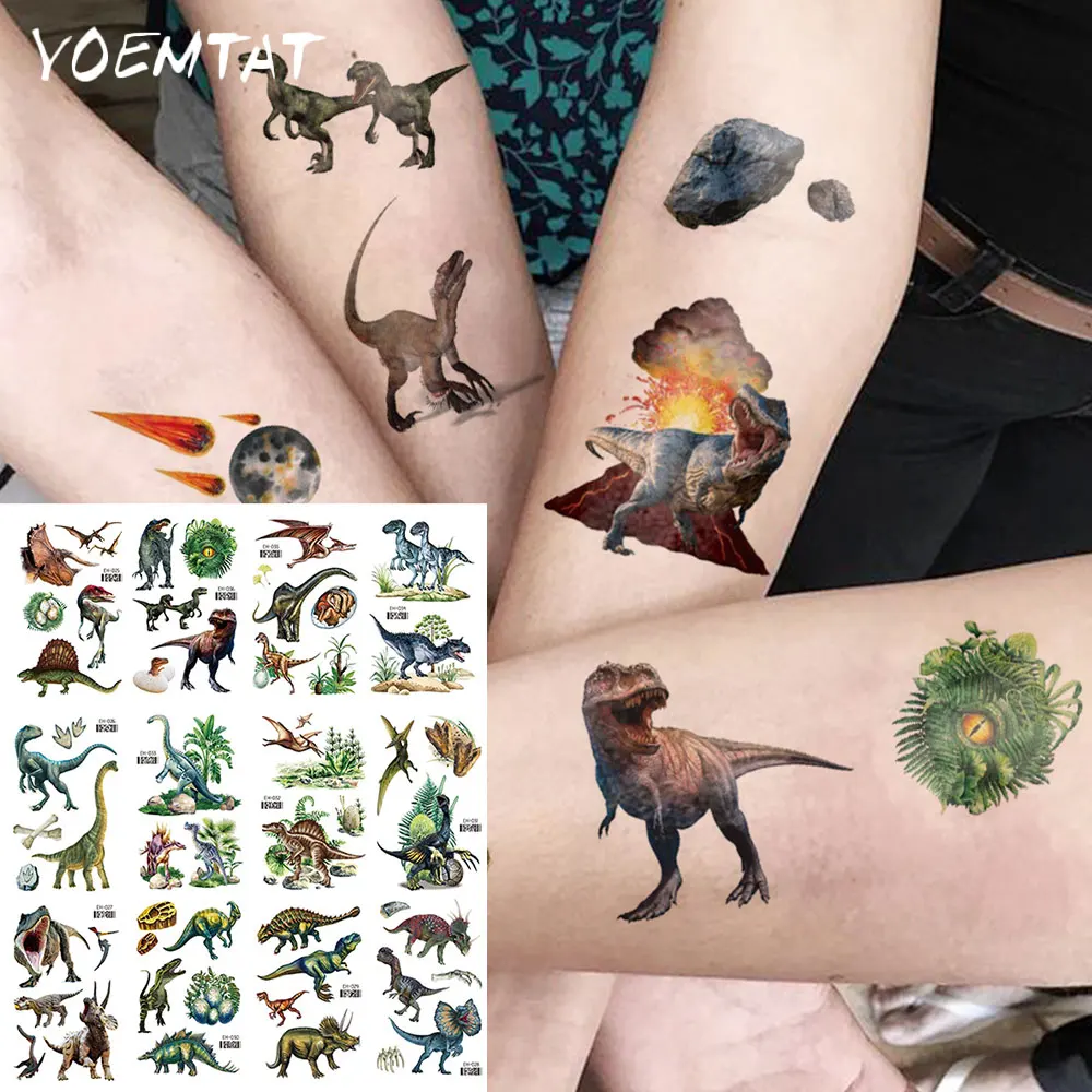 12pcs Jurassic Dinosaur Waterproof Temporary Tattoo Sticker T-Rex Velociraptor Triceratop Body Art Fake Tattoos Sleeve Women Men
