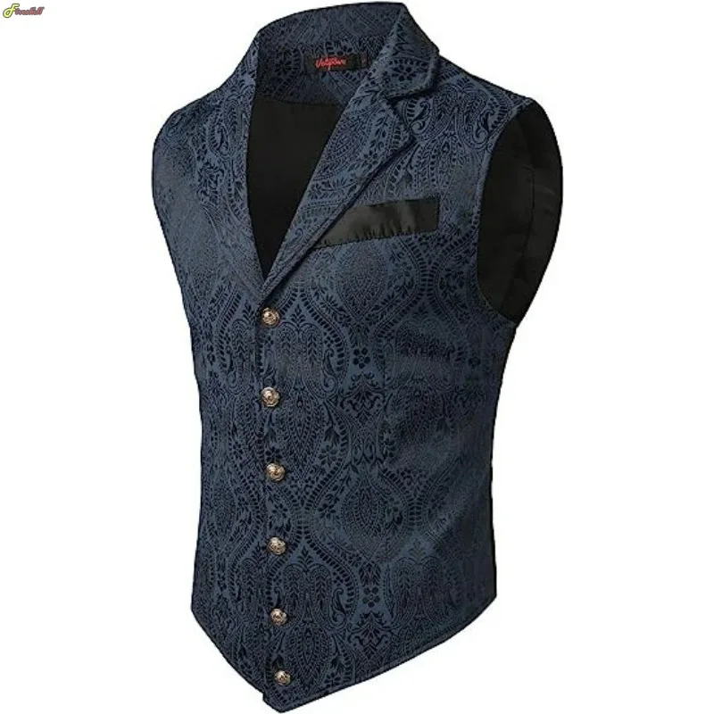 Men Vintage Elegant Vest Flower Slim Fit Male Suit Waistcoat Dress Formal Jacket for Wedding Casual Medieval Cosplay Suit