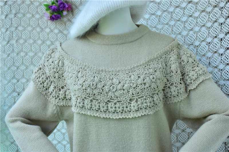 100% Wool Women Autumn Winter Vintage Hand Knitted Flower Crochet O-Neck Long Sleeves Loose Pullover Sweater Jumper Pull Tops