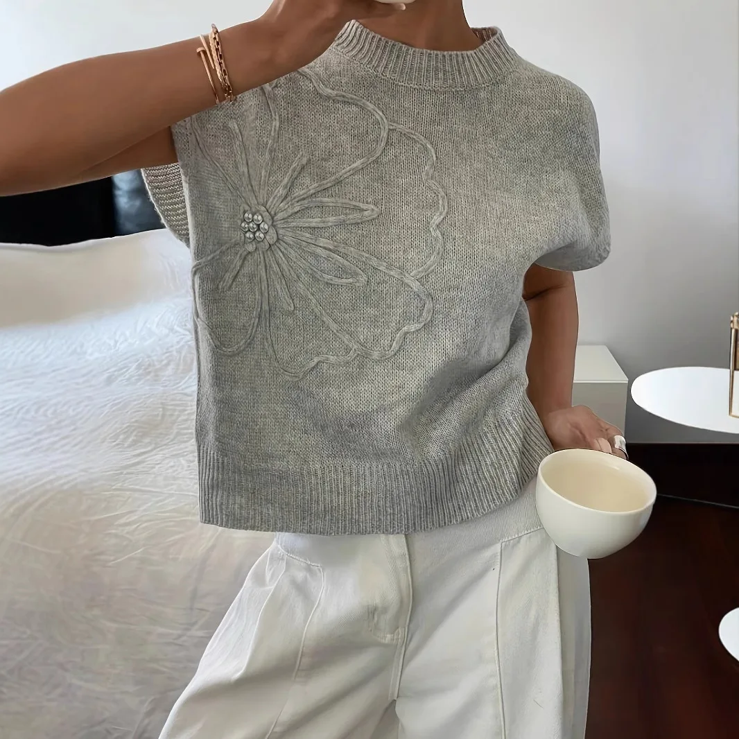 

2025 New Fashion Feifei Sleeve Knitted Top Women Summer Casual Loose Solid Color Round Neck Short Sleeve Shirt Women