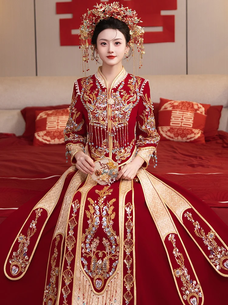 

2025 New Velvet Xiu Xie Wedding Dr Chinese Sle Long Sve Slimming Spring New Bride Gown for Marriage Ceremony And Drin...