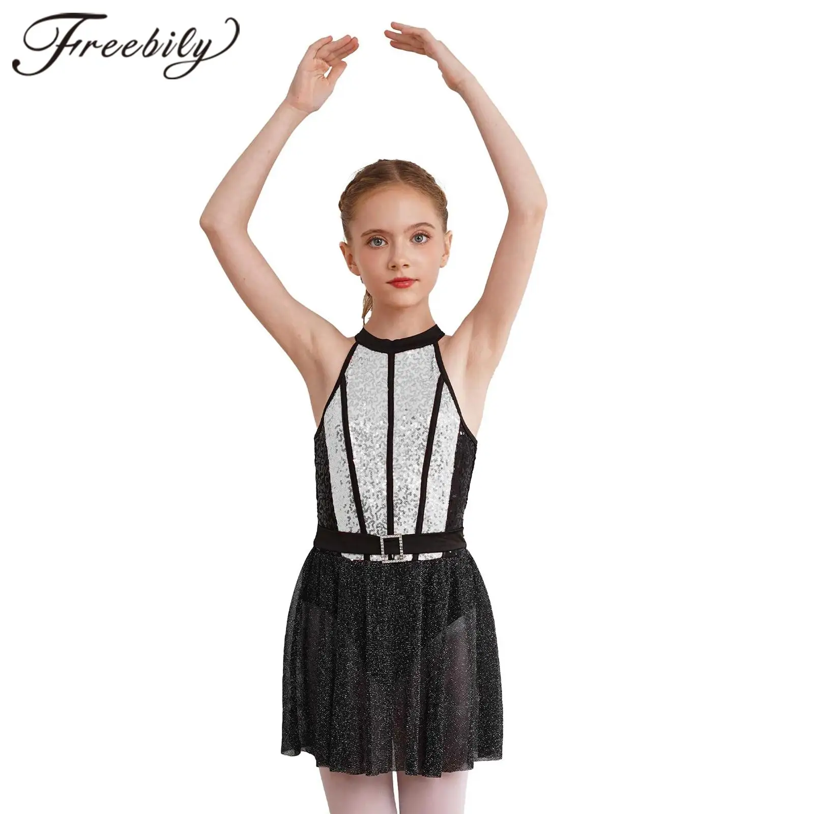 

Kid's Shiny Sequins Jazz Dance Costume Sleeveless Shimmery Hem Girls Latin Dance Leotard Dress Children Performance Dancewear