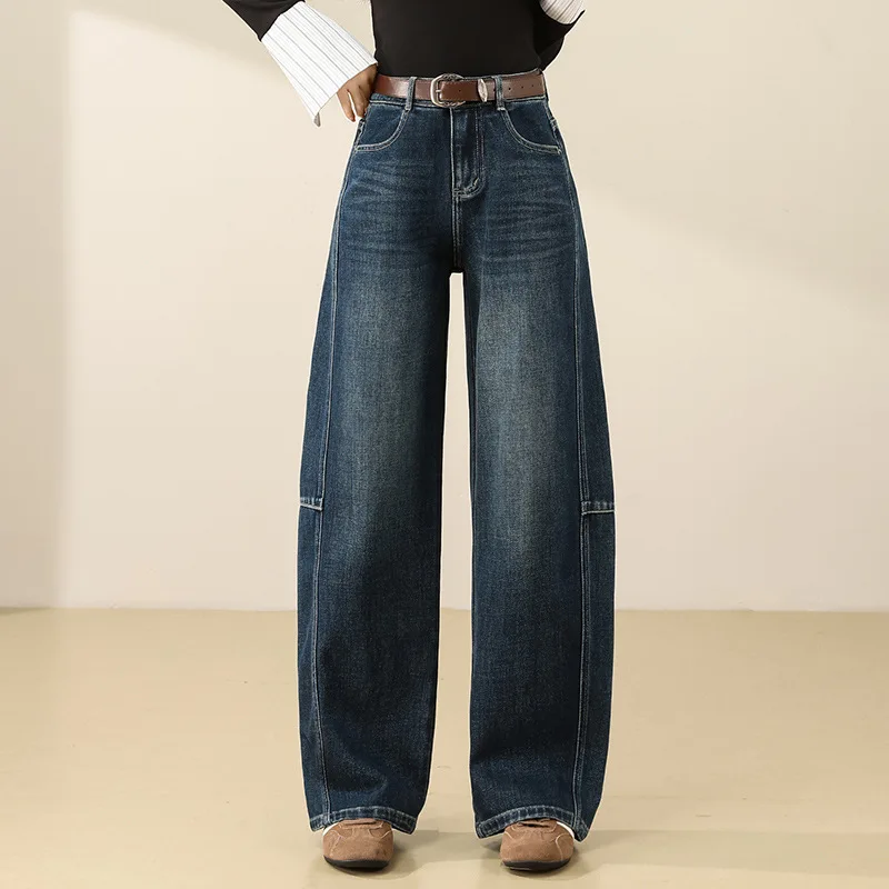 

American Retro New Style Scimitar Jeans for Women, Autumn New Design, High Waist, Loose Fit, Slimming, Floor-Length Wide-Leg Pan