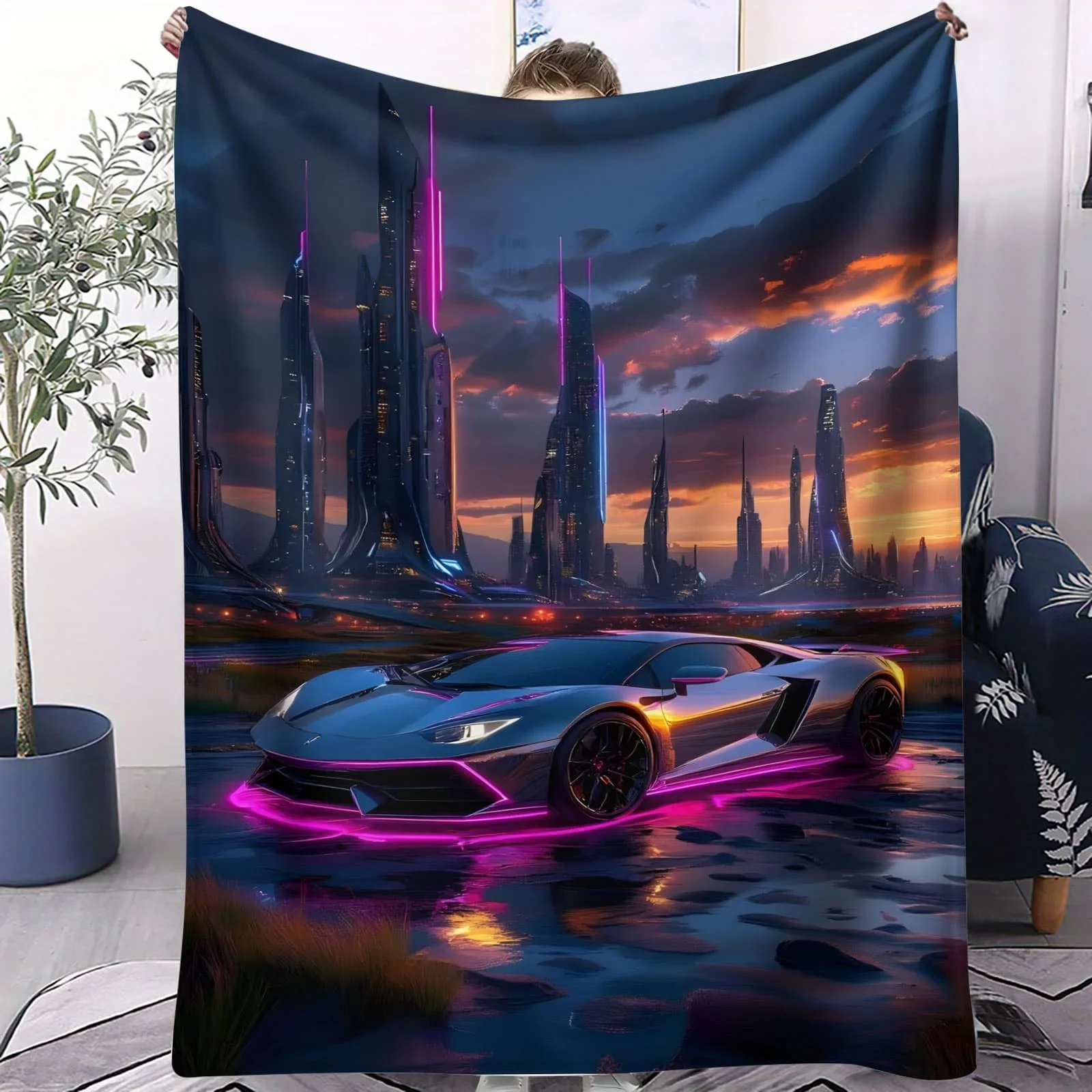 

Мягкое одеяло для спортивного автомобиля с неоновым пером - футуристический флисовый плед на киберте для гостиной, спальни, дома, взрослых, детей, уютный подарок