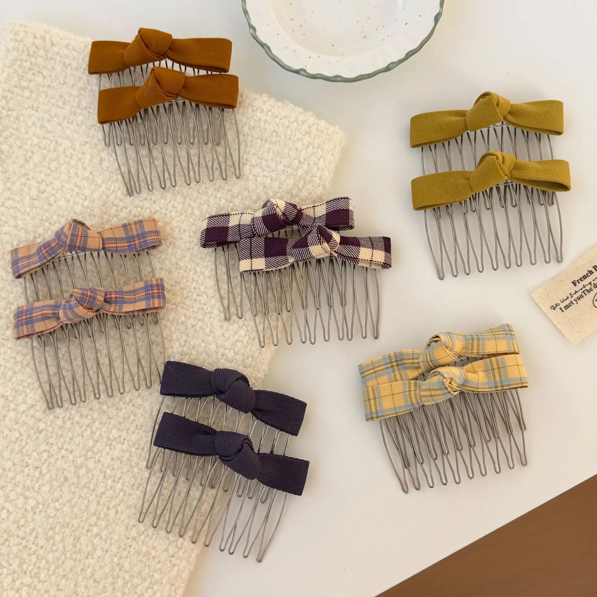 Plaid Bow Hair Comb for Side Bangs Fringe Fabric Lightweight Non Slip Portable Sturdy Early Spring Hair Styling Tool